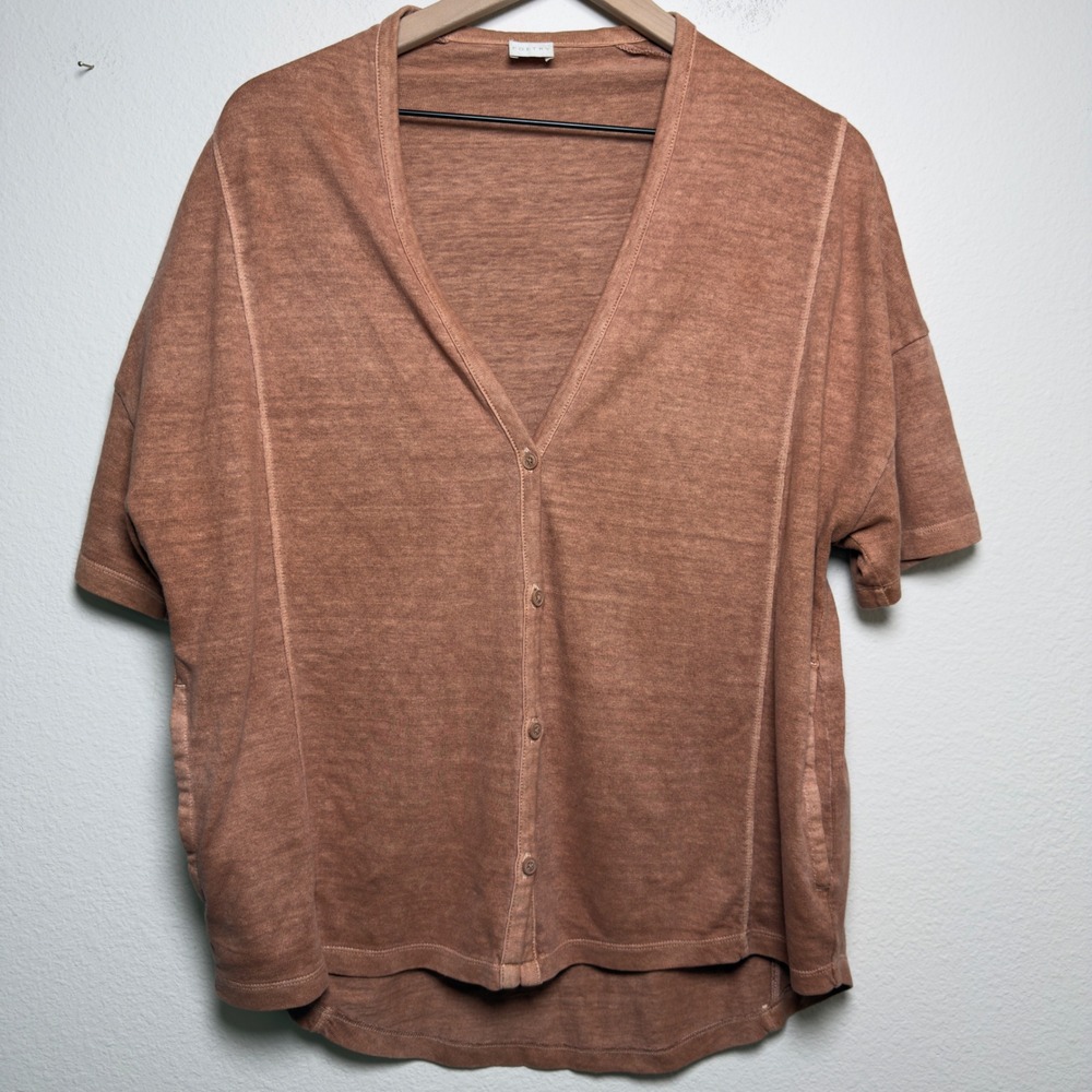 Poetry Short Sleeve Button Front Cardigan in Pink/Rust Brown